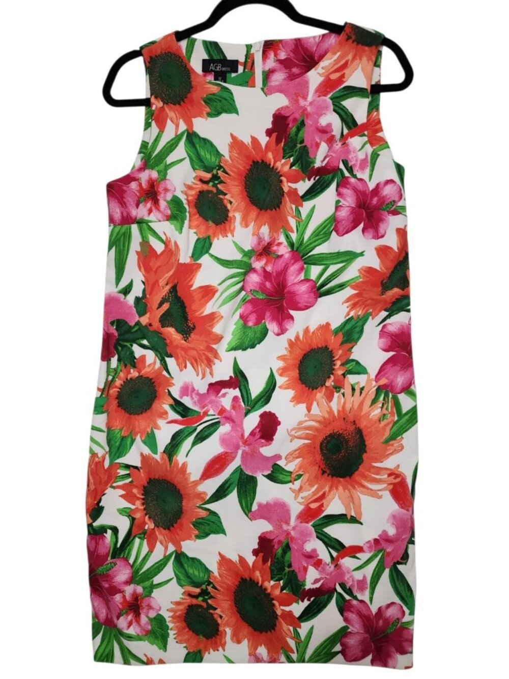 AGB Dress Women 12 Sleeveless Floral Sheath Shift Dress White Pink Orange Career